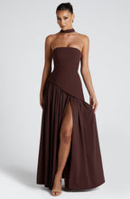 Women's Strapless Maxi Dress with High Slit and Asymmetric Waist