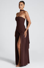 Women's Strapless Maxi Dress with High Slit and Asymmetric Waist