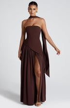 Women's Strapless Maxi Dress with High Slit and Asymmetric Waist
