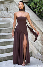 Women's Strapless Maxi Dress with High Slit and Asymmetric Waist