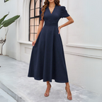 Women’s V-Neck Puff Sleeve Maxi Dress with Fitted Waist