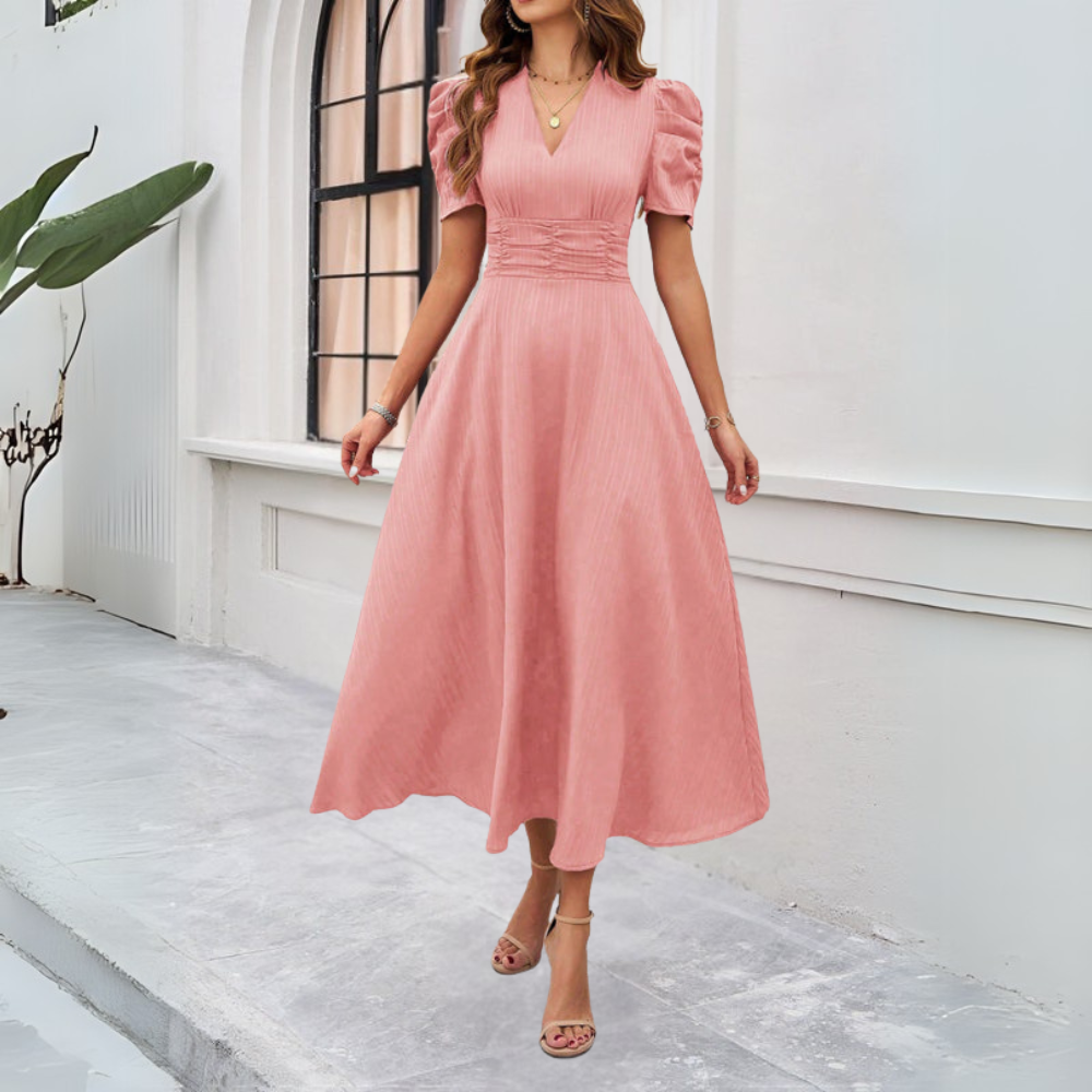 Women’s V-Neck Puff Sleeve Maxi Dress with Fitted Waist