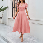 Women’s V-Neck Puff Sleeve Maxi Dress with Fitted Waist