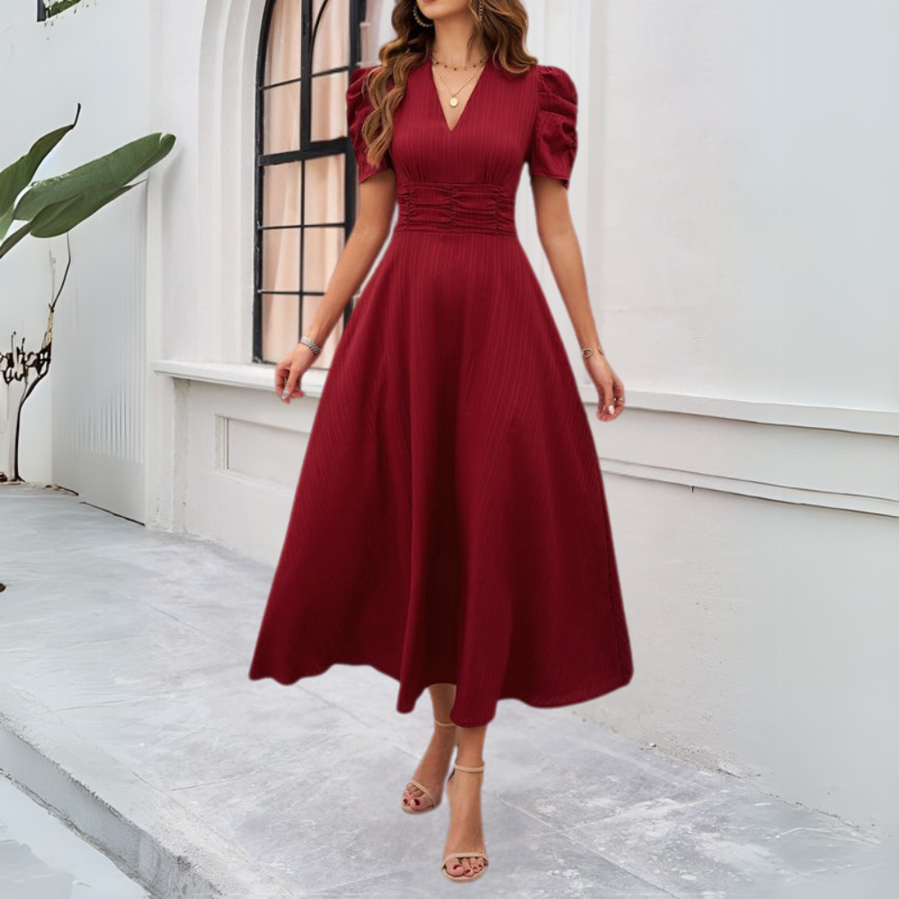 Women’s V-Neck Puff Sleeve Maxi Dress with Fitted Waist