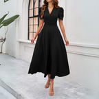 Women’s V-Neck Puff Sleeve Maxi Dress with Fitted Waist