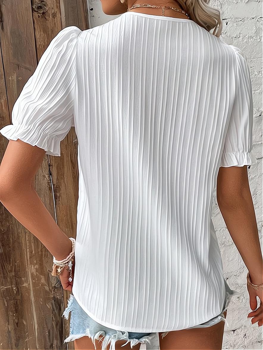 Women’s Pleated V-Neck Blouse with Puff Sleeves